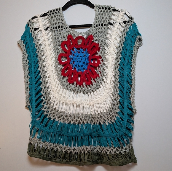 Boho Crochet Knit Top Multicolor Flower Design Festival Hippie Style Batwing - Picture 5 of 14